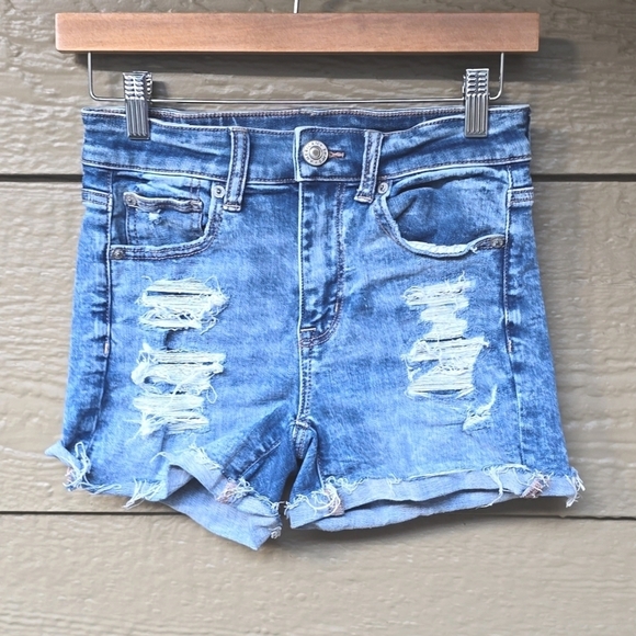 AE American Eagle hi rise shortie denim shorts destructed next level stretch 2 - Picture 2 of 13